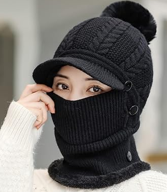 女士一体式宽松绒毛针织帽围巾口罩，温暖冬季厚款骷髅滑雪帽 